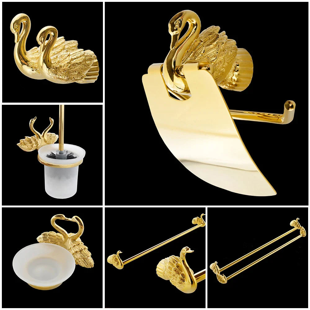 Afralia™ Swan Gold Bathroom Hardware Set with Towel Bar, Robe Hanger, and Toilet Brush