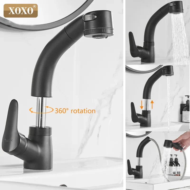 Afralia™ Black Basin Faucet Hot Cold Mixer Tap Single Handle Pull Out Mixer