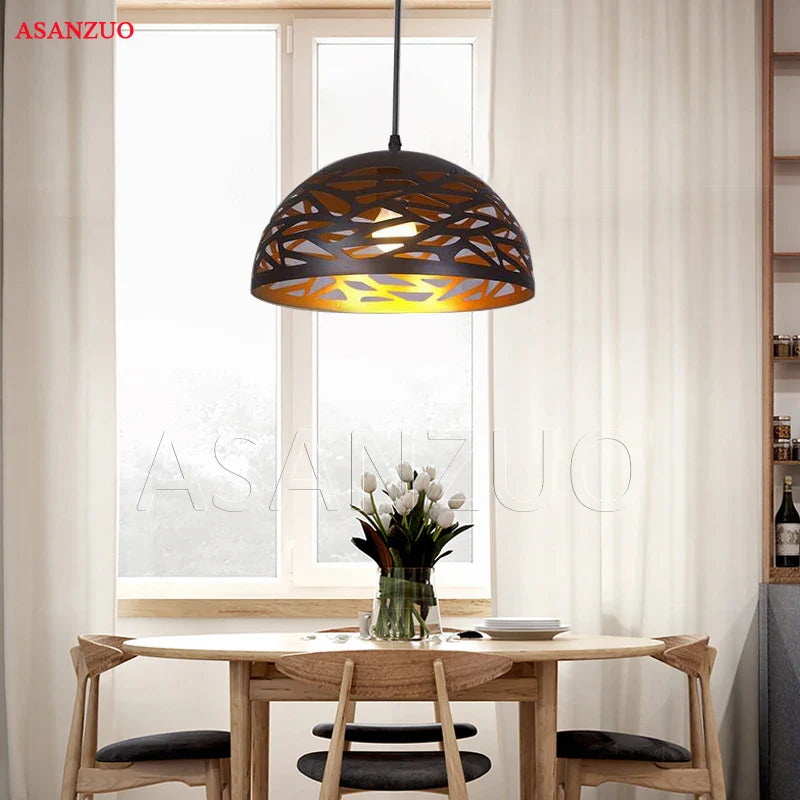 Afralia™ Retro Industrial Semicircle Hollow Pendant Light - Vintage Metal Hanging Lamp for Home Decor