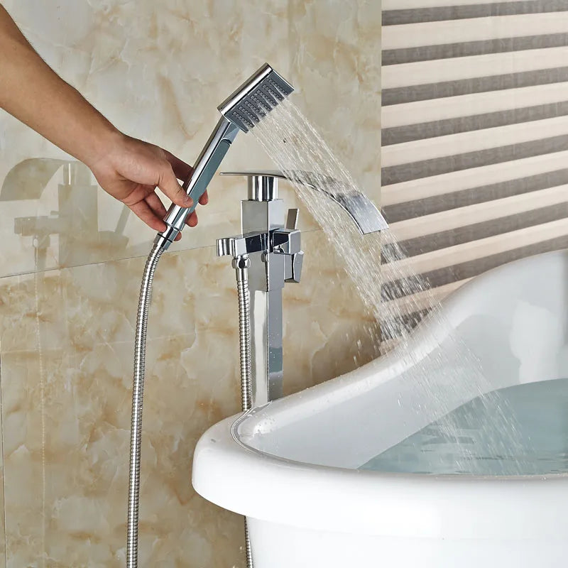 Afralia™ Chrome Finish Floor Mounted Bathtub Faucet Set with Hand Shower and Waterfall Spout