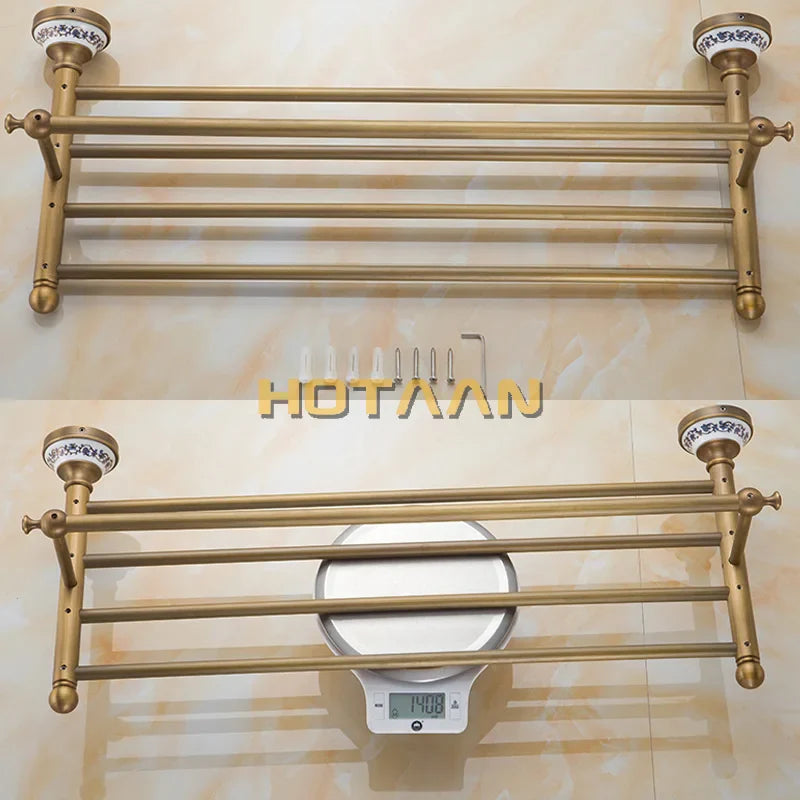 Afralia™ Brass Bathroom Towel Rack, Antique Brass Towel Holder, 60cm Corner Bath Shelf