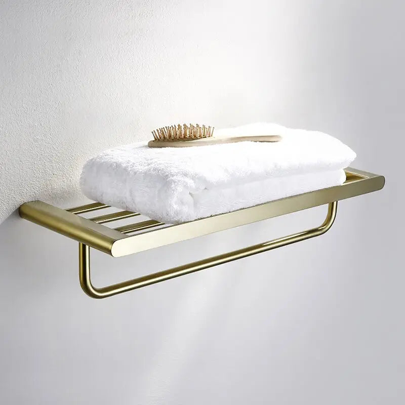 Afralia™ Brushed Gold Bathroom Hardware Set: Towel Rack, Paper Holder, Toilet Brush Holder, Hooks
