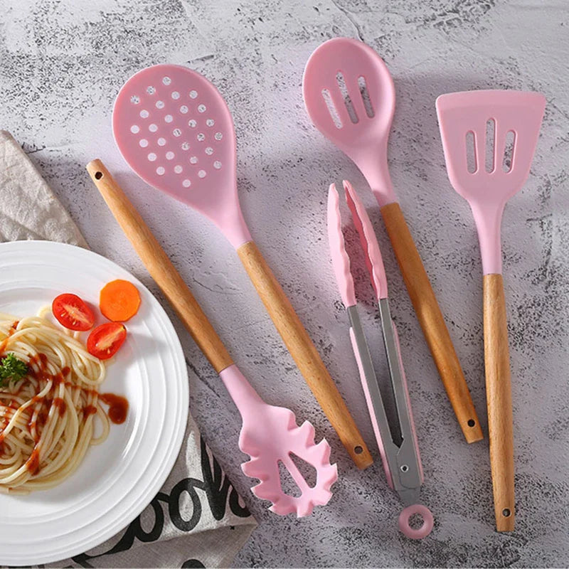 Afralia™ Silicone Kitchen Utensils Set with Wooden Handle - Food Grade & Practical Cooking Tools