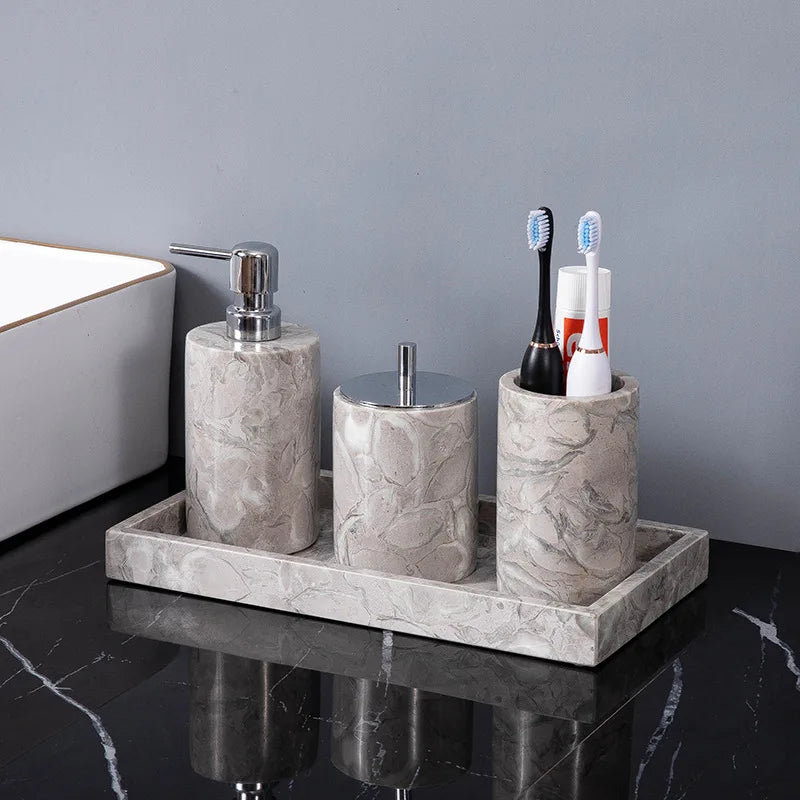 Afralia™ Marble Bathroom Accessories Set: Soap Dispenser, Toothbrush Holder, Cup, Soap Dish, Cotton Swab Can