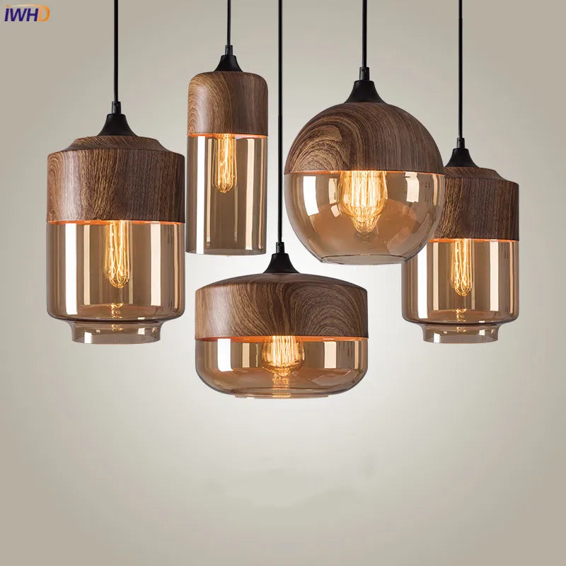 Afralia™ Nordic Wood Color LED Glass Pendant Lights for Dinning Room, Bedroom, Cafe - Modern Hanging Lamp