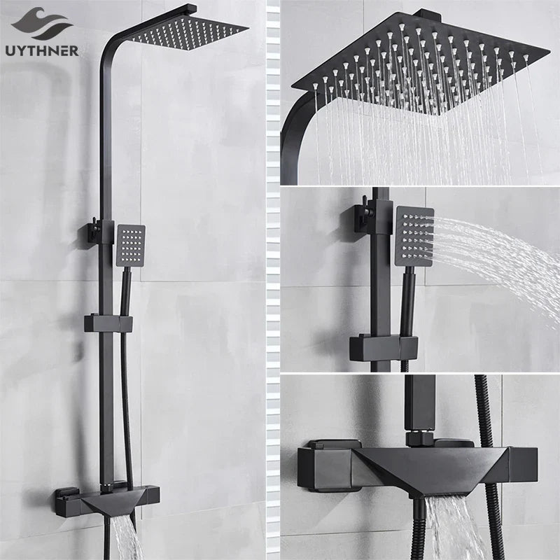 Afralia™ Black Thermostatic Rain Shower Faucet Set for Wall Mounted Bathrooms