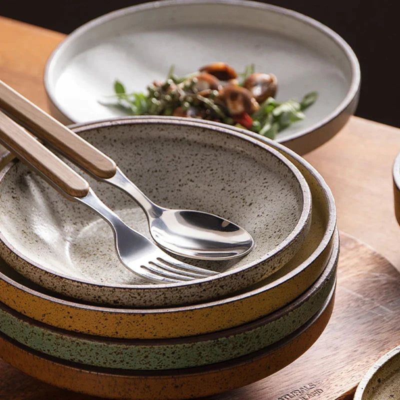 Afralia™ Ceramic Round Plate Set - Retro Style High Footed Soup and Salad Bowls