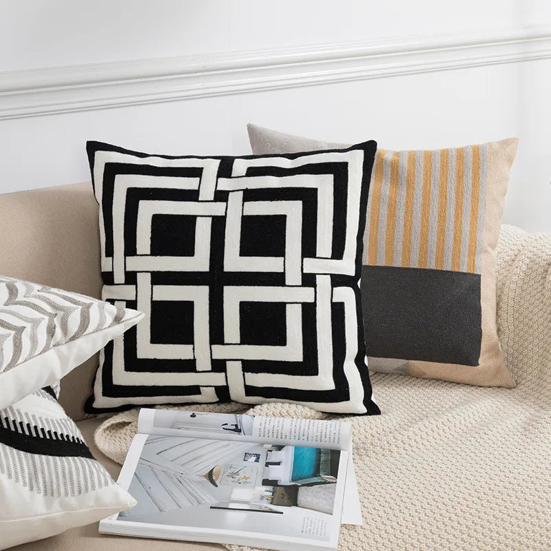 Afralia™ Geometric Embroidery Cushion Cover 45x45cm Black Grey Soft Cozy for Home Decor