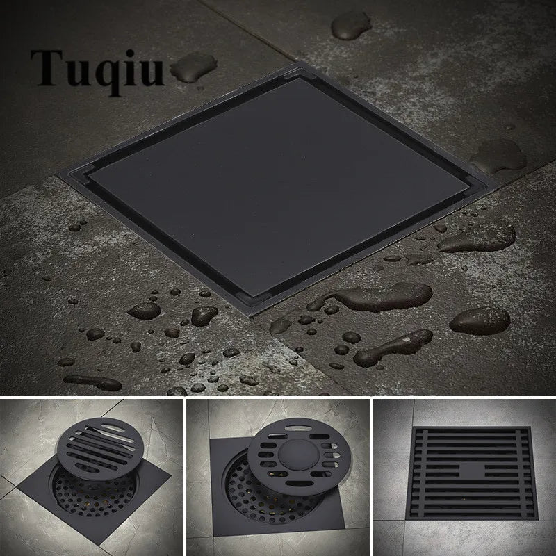 Afralia™ Square Black Stainless Steel Shower Floor Drain Strainer 10x10cm