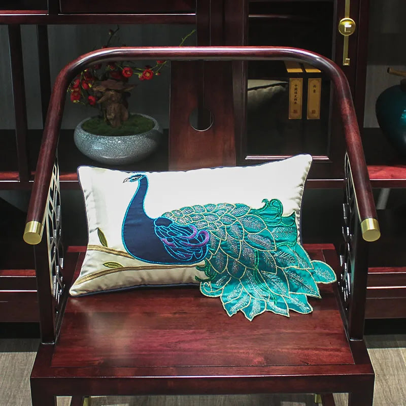 Afralia™ Embroidered Peacock Design Cushion Cover - Chinese Style Decorative Pillow Case