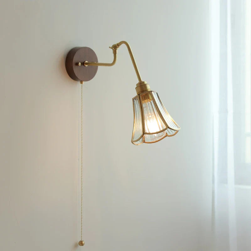 Afralia™ Vintage Pull Chain Wall Lamp Copper Arm Wood Base Light Fixtures