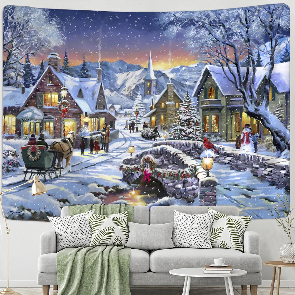 Afralia™ Christmas Woods Snow Scene Tapestry Wall Hanging - Elk Bohemian Style Bed Curtain Home Decor