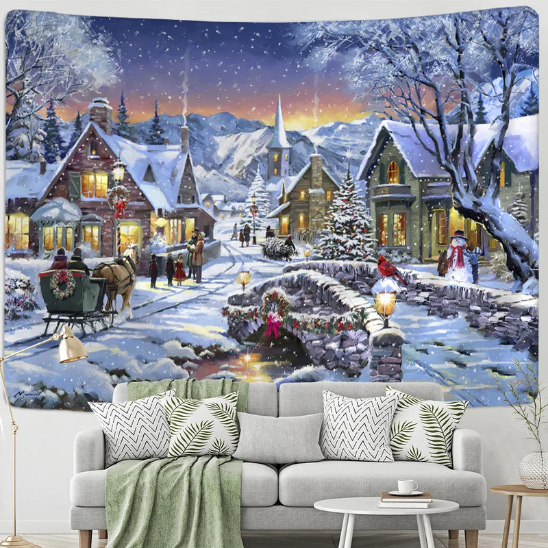 Afralia™ Christmas Woods Snow Scene Tapestry Wall Hanging - Elk Bohemian Style Bed Curtain Home Decor