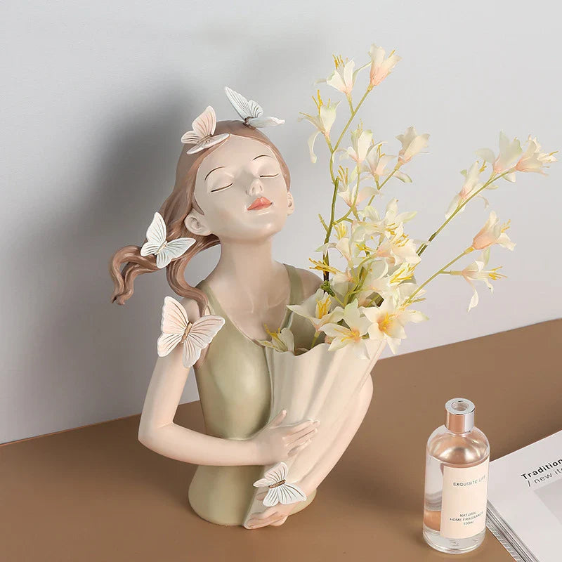 Afralia™ Butterfly Girl Resin Sculpture Vase Modern Home Decor Statues