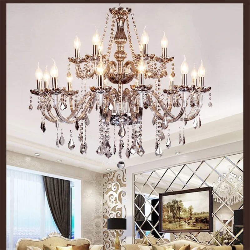 Afralia™ Smoky Grey Crystal LED Candle Chandelier for Home Hotel Hall