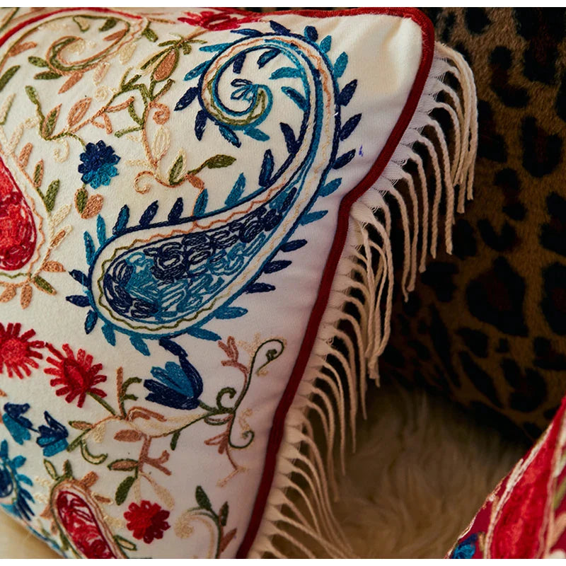 Afralia™ Paisley Embroidered Pillow Cover with Tassels