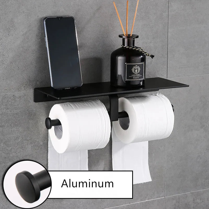 Afralia™ Black Aluminum Toilet Paper Holder with Phone Shelf & Double Roll Tissue Boxes