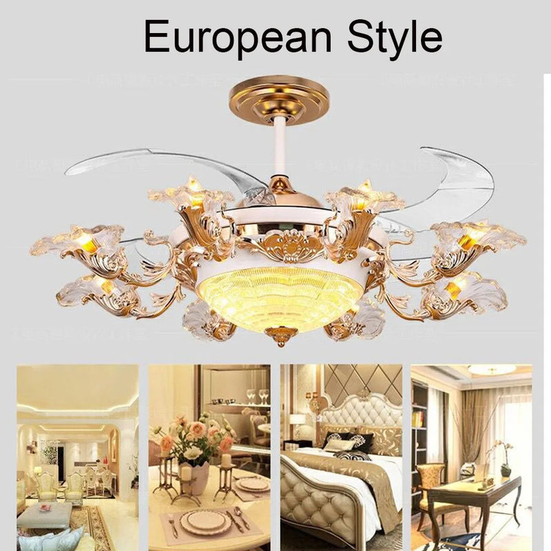 Afralia™ Golden Retro Ceiling Fan Light with Remote Control and 8 Lights