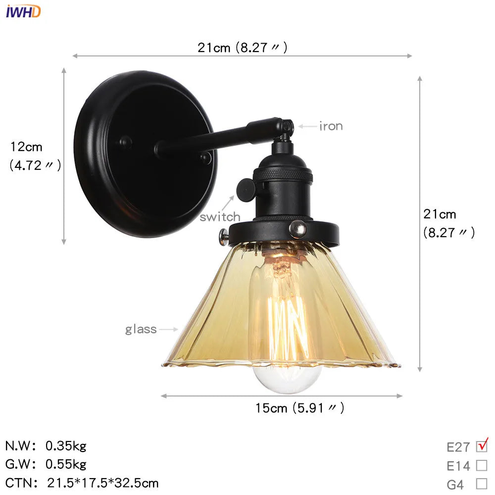 Afralia™ Loft Glass Ball Wall Light Switch Black Wall Sconces - Industrial Decor