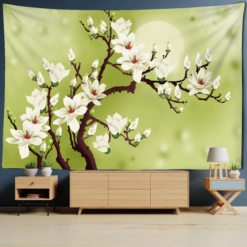 Afralia™ Flower Bird Chinese Painting Tapestry Wall Hanging Bohemian Style Home Decor