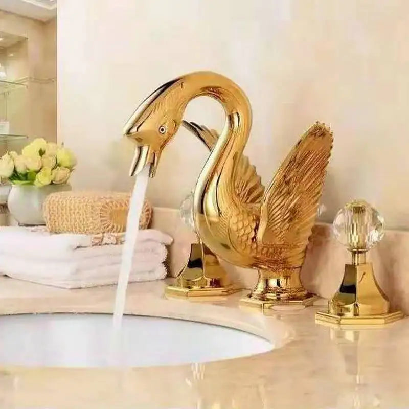 Afralia™ Swan Style Dual Handle Basin Faucet - Golden Widespread Bathroom Mixer Tap