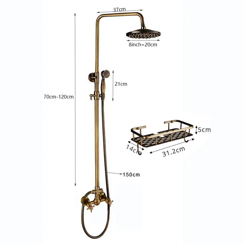 Afralia™ Antique Brass Shower Faucet Set with 8'' Rainfall Head & Swivel Spray