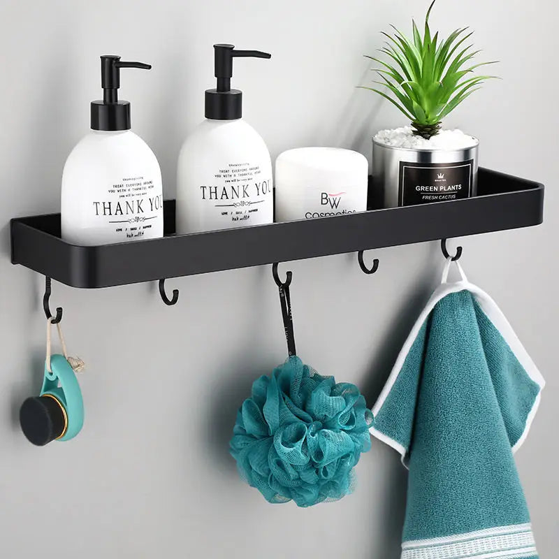 Afralia™ Black Aluminum Bathroom Shower Shelf with Hook Bar and Shampoo Holder