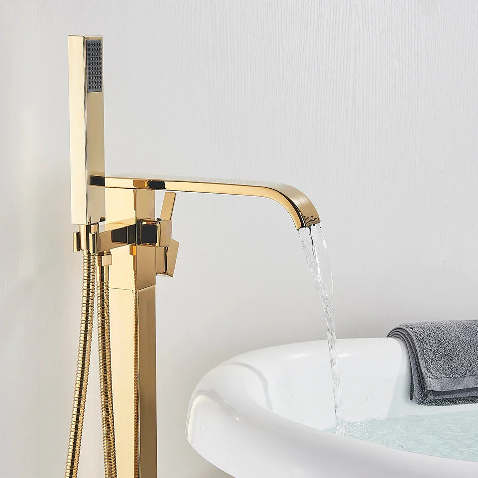 Afralia™ Gold Bathtub Faucet Set Hot Cold Water Shower Mixer Tap Waterfall Floor Stand