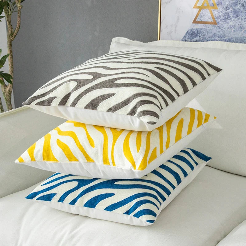 Afralia™ Zebra Pattern Embroidered Cushion Cover in Grey, Yellow, Blue