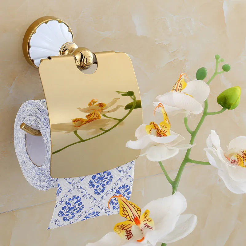 Afralia™ Gold & White Bathroom Accessories Set: Corner Shelf, Paper Holder, Towel Holder, Toilet Brush Holder, Towel Rack