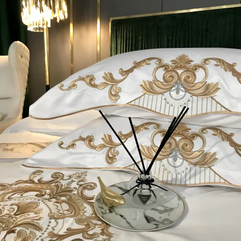Afralia™ White Satin Cotton Bedding Set with Royal Gold Embroidery