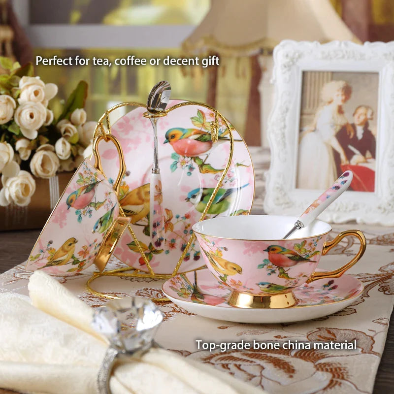 Afralia™ Pink Bird Bone China Tea & Coffee Set with Teapot, Cup, and Jug