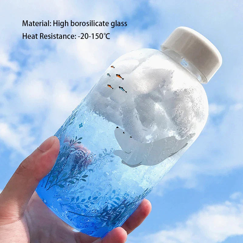 Afralia™ Blue Glass Water Bottle 600ml Cute Polar Bear Seal Design Waterbottle