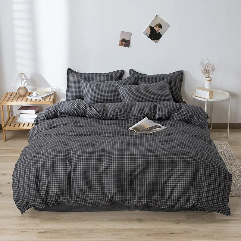 Afralia™ Line Block Print Bedding Set, Duvet Cover with Sheet Pillowcases, Single Double Bed