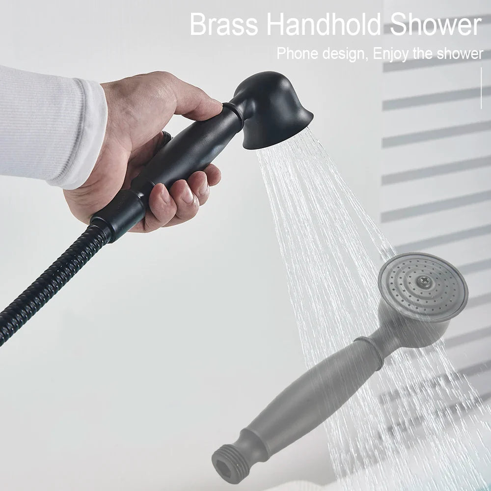 Afralia™ Matte Black Floorstanding Dual Handle Tub Faucet Swivel Spout Floor Mounted Mixer
