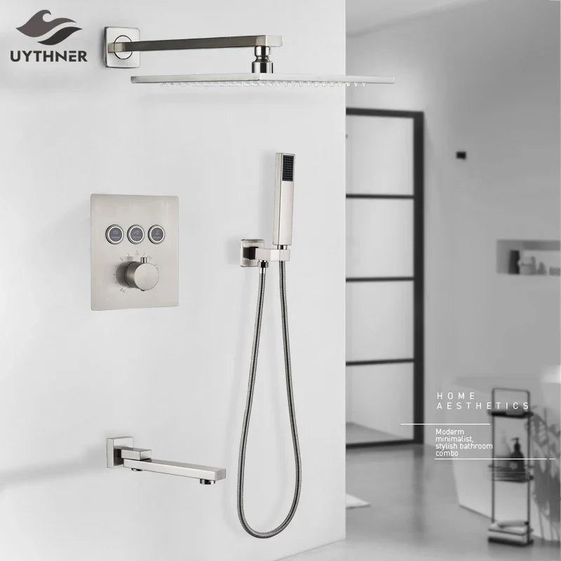 Afralia™ Brushed Nickel Thermostatic Shower Faucet Set for Wall Mount Bathroom with Rainfall Shower Head