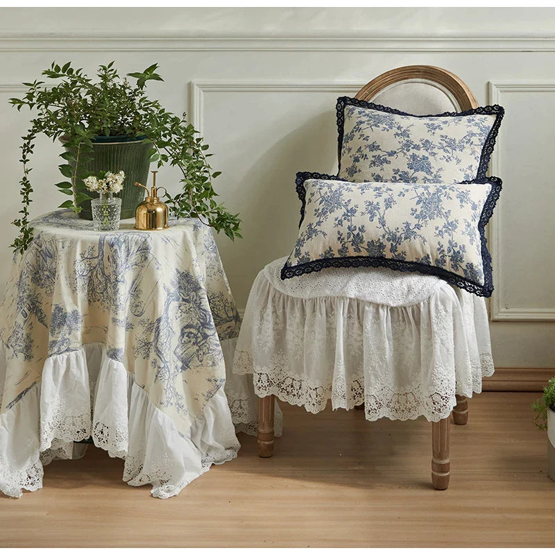 Afralia™ Toile De Jouy French Fashion Linen Pillow Case with Lace Franges