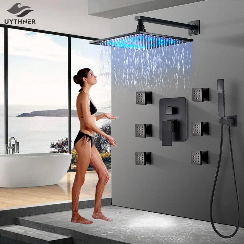 Afralia™ Matte Black Shower Faucet Set with LED Rain Shower Head