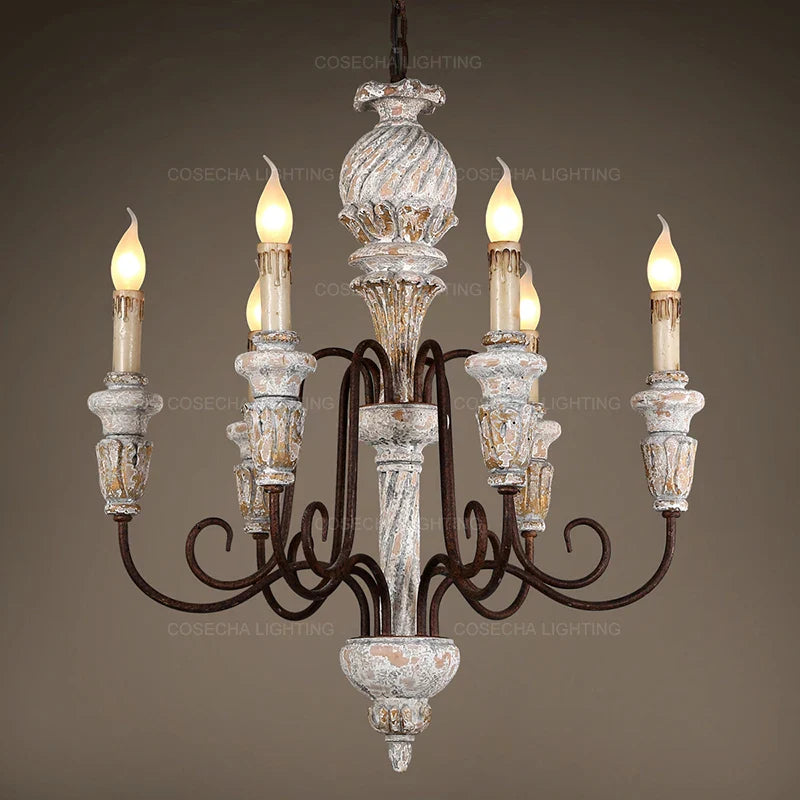 Afralia™ Antique White Wooden Chandelier Elegant French Rustic Lighting