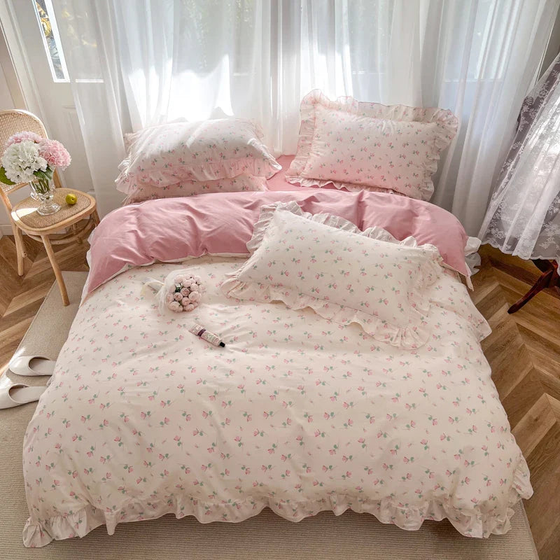 Afralia™ Gardenia Print Princess Bedding Set with Ruffles and Pillowcases
