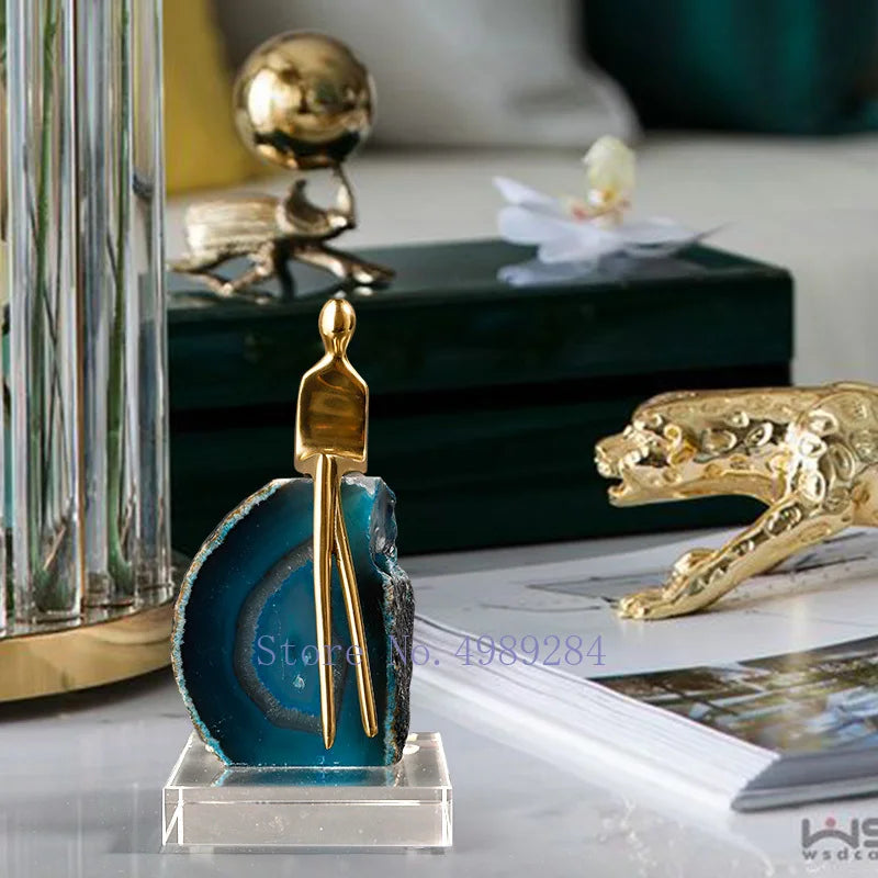 Afralia™ Agate Crystal Golden Sculpture - Modern Home Decor Ornament
