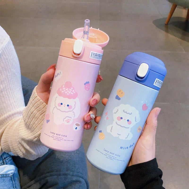 Afralia™ Cute Insulated Straw Cup Thermal Water Bottle Stainless Steel Vacuum Flask