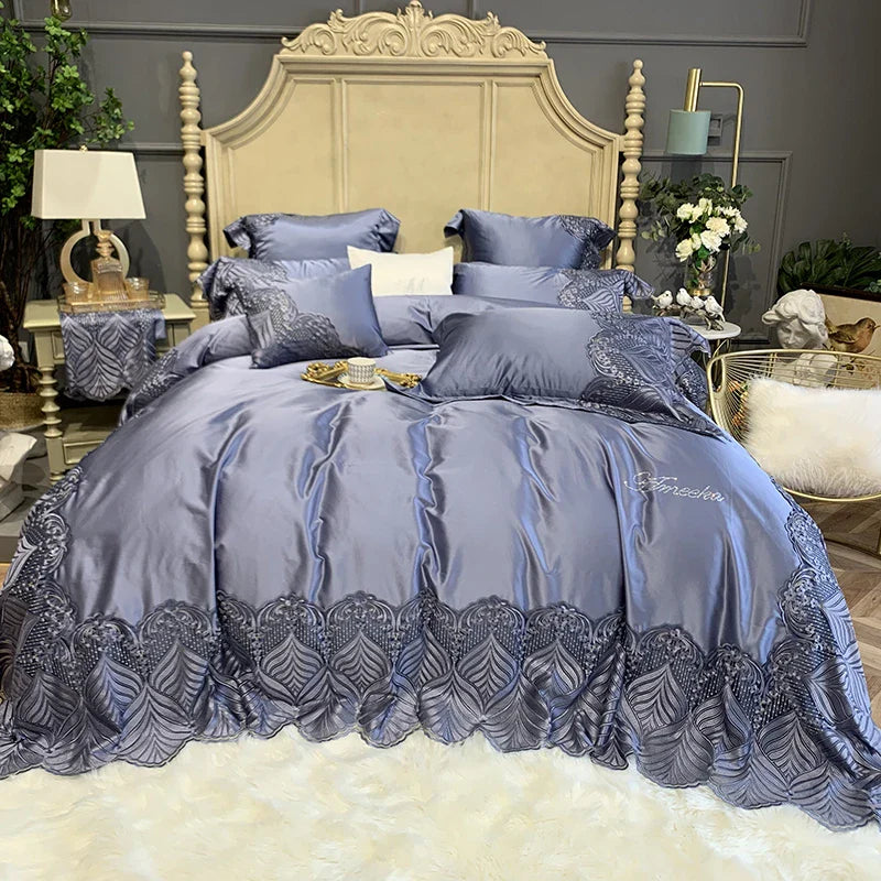 Afralia™ Red 1000TC Egyptian Cotton Lace Bedding Set - Duvet Cover & Pillowcases
