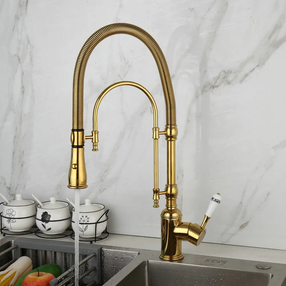 Afralia™ Golden Kitchen Faucet Vessel Sink Swivel Mixer Tap with Pull Down Spring