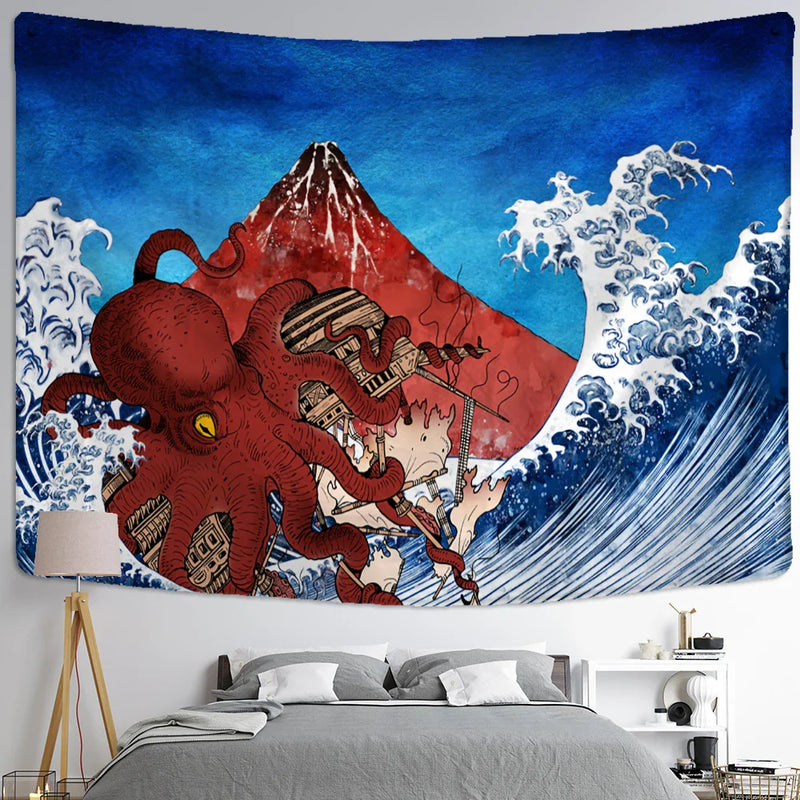 Afralia™ Kanagawa Waves Oil Painting Tapestry Wall Hanging, Bohemian Style Psychedelic Hippie Art