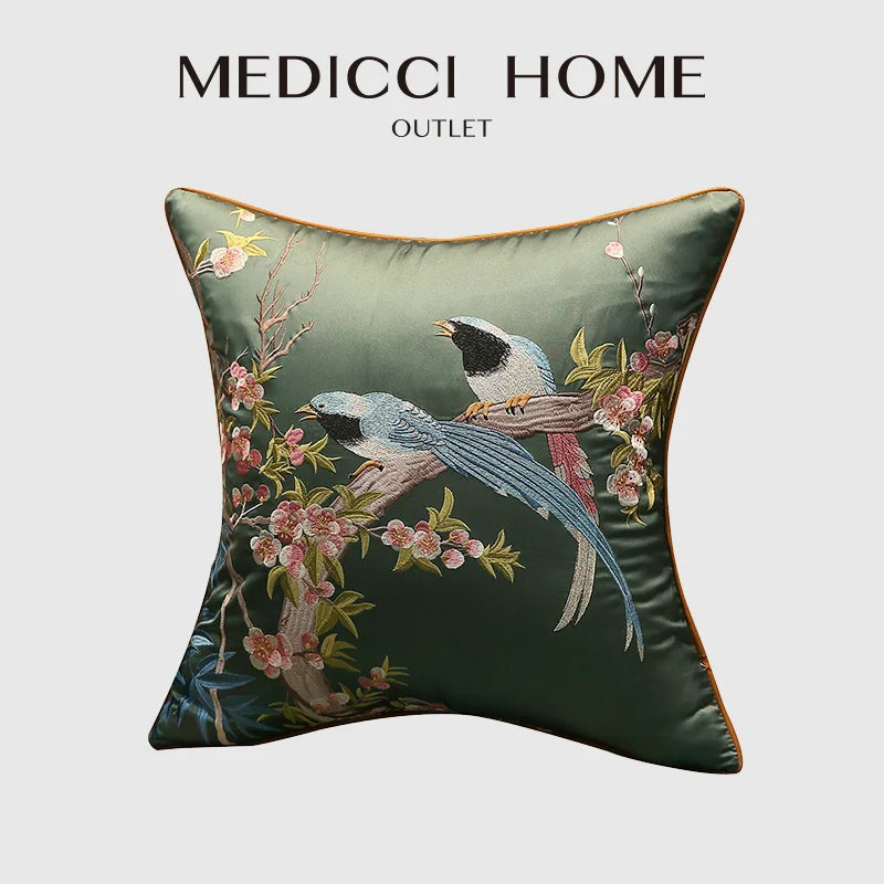 Afralia™ Spring Birds Embroidered Silk Cushion Cover 18x18Inch Luxury Brocade Pillowcase