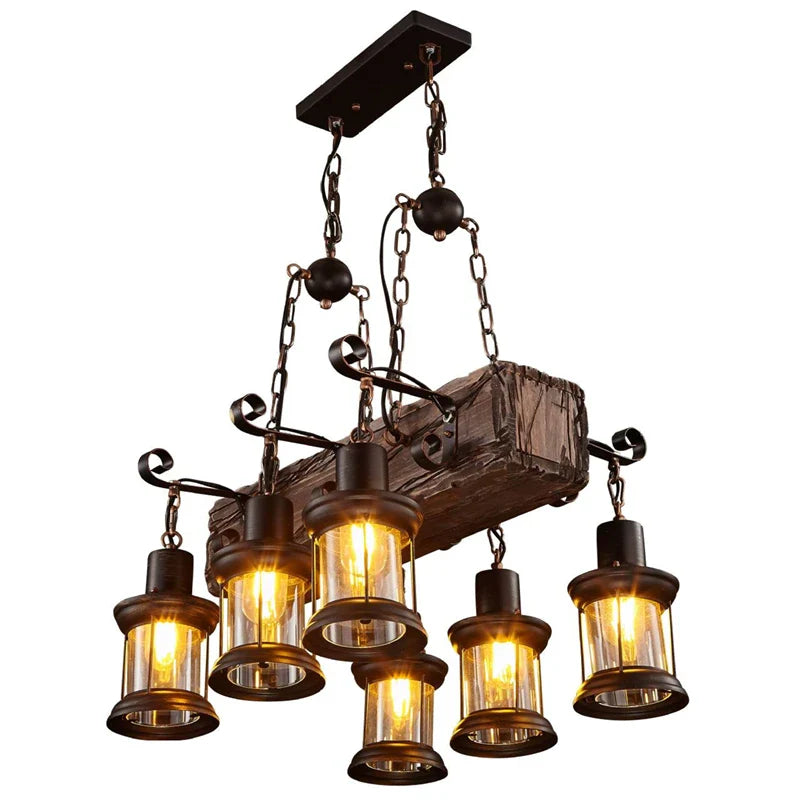 Afralia™ Retro Solid Wood Industrial Pendant Chandelier for Dining Living Room