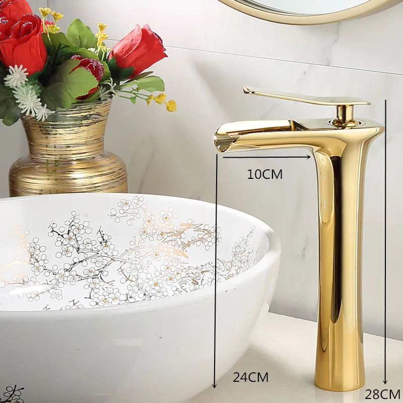 Afralia™ Gold Waterfall Bathroom Basin Faucet, White Mixer Tap Hot Cold Sink Plugin