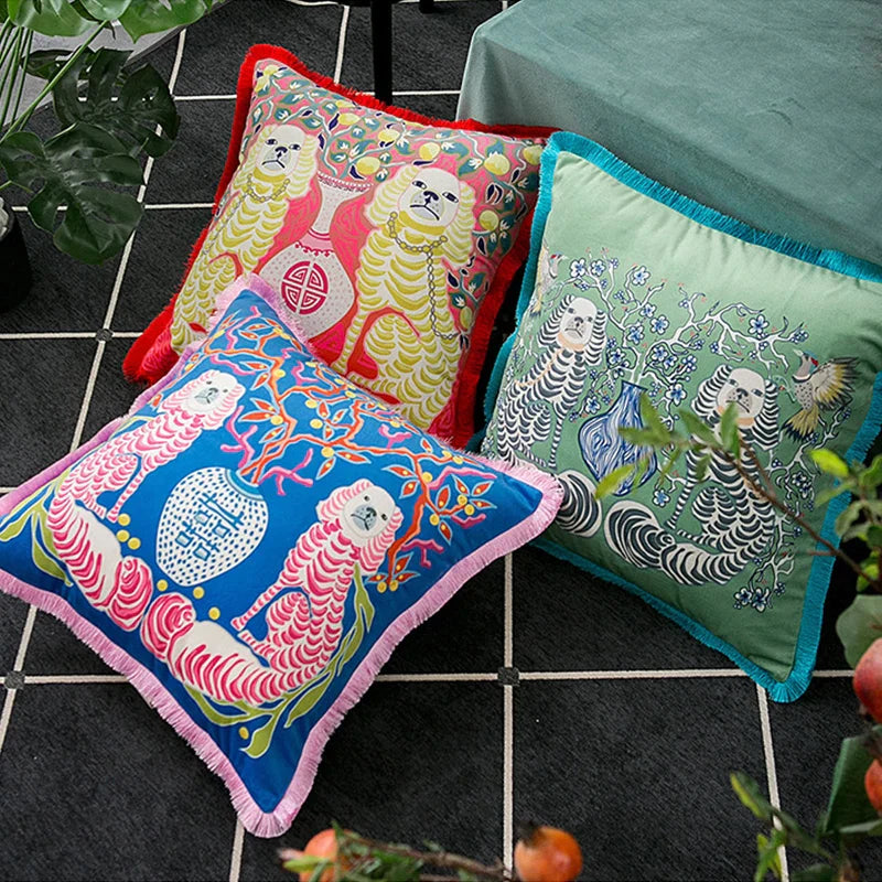 Afralia™ Oriental Mystical Animals Print Velvet Cushion Cover with Tassels