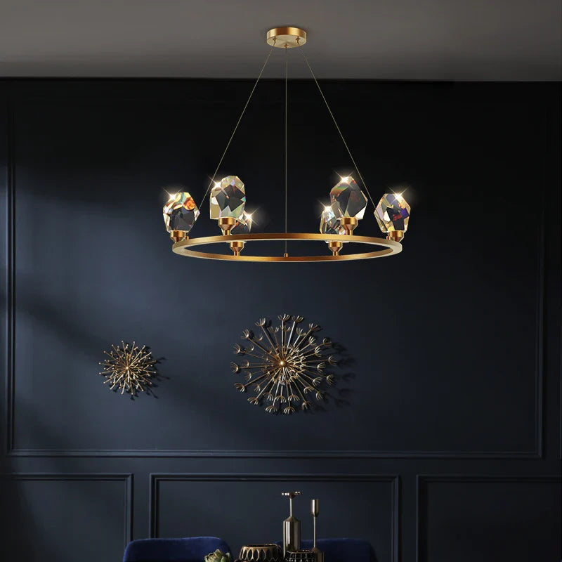 Afralia™ Crystal Copper Round Chandelier: Elegant LED Suspension Lamp for Dinning Room